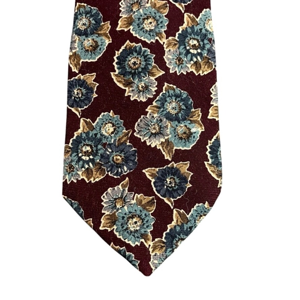 Rooster for Puritan Mens Silk Tie Burgundy Blue Floral Vintage Necktie